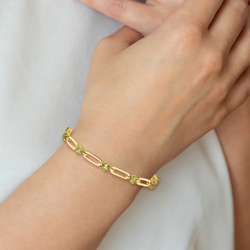 925 SS Gold-tone 5mm 3.6PE Peridot August Birthstone Paperclip Chain Bracelet